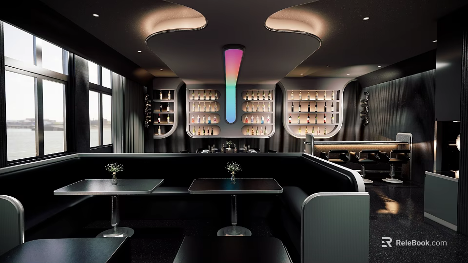 Modern Private Box Interior Design With Black Seats Tables And Rainbow Lighting 3d model 