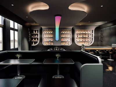 Modern Private Box Interior Design With Black Seats Tables And Rainbow Lighting 3d model