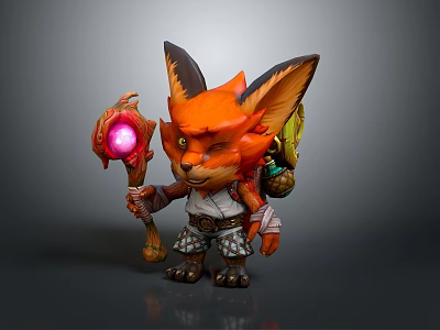 3D Fantasy Fox Game Movie Character Holding Glowing Staff With Pink Orb And Armored Outfit 3d model