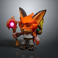 3D Fantasy Fox Game Movie Character Holding Glowing Staff With Pink Orb And Armored Outfit