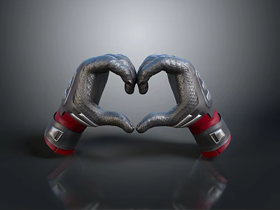 Gray Textured Gloves With Red Wrist Accents Making Heart Shape Gesture On Reflective Surface 3d model