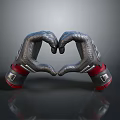 Gray Textured Gloves With Red Wrist Accents Making Heart Shape Gesture On Reflective Surface