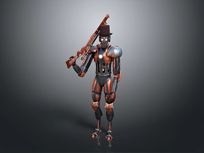 Game Movie Robot Character With Top Hat Holding Rifle In Red And Black Metallic Armor 3d model