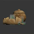 Grass Covered Scene With Intact Pottery Jar Broken Shards And Green Elements 3d model