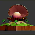 Vibrant Natural Island Scene With Open Shell Pink Sphere And Palm Trees