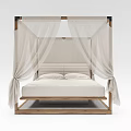 Double Bed with Four-Poster Wooden Frame and White Canopy Curtains Modern Design