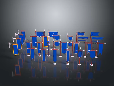 Decorative Household Blue Flags With Various Shapes And Sizes White Bases On Dark Background Reflections 3d model