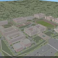 Bird's Eye View Campus Planning Featuring Red Brick Buildings Green Spaces and Sports Field