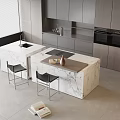 Elegant Modern Bar Counter In Open Kitchen With Marble Top And Black Stools 3d model