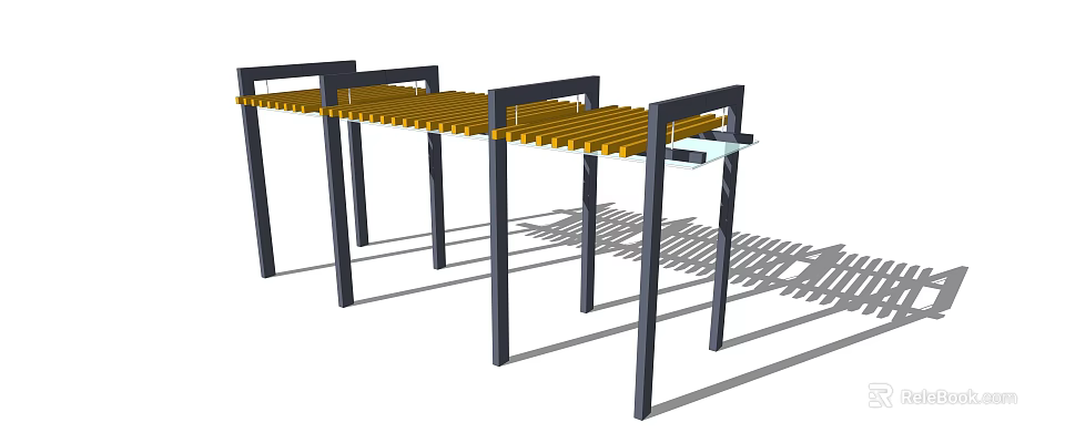Modern Outdoor Pergola with Black Pillars and Yellow Wooden Slats Structure 3d model 