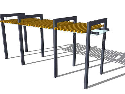 Modern Outdoor Pergola with Black Pillars and Yellow Wooden Slats Structure 3d model
