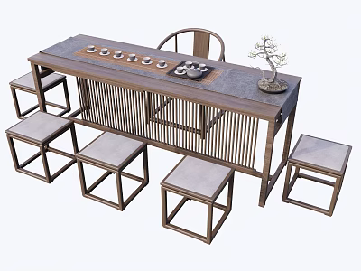 Traditional Chinese Style Tea Table With Matching Chairs Stools And Bonsai 3d model