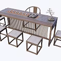 Traditional Chinese Style Tea Table With Matching Chairs Stools And Bonsai