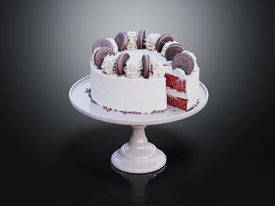 Red Velvet Cake with Cookies and Cream Topping Sliced Side on White Cake Stand 3d model