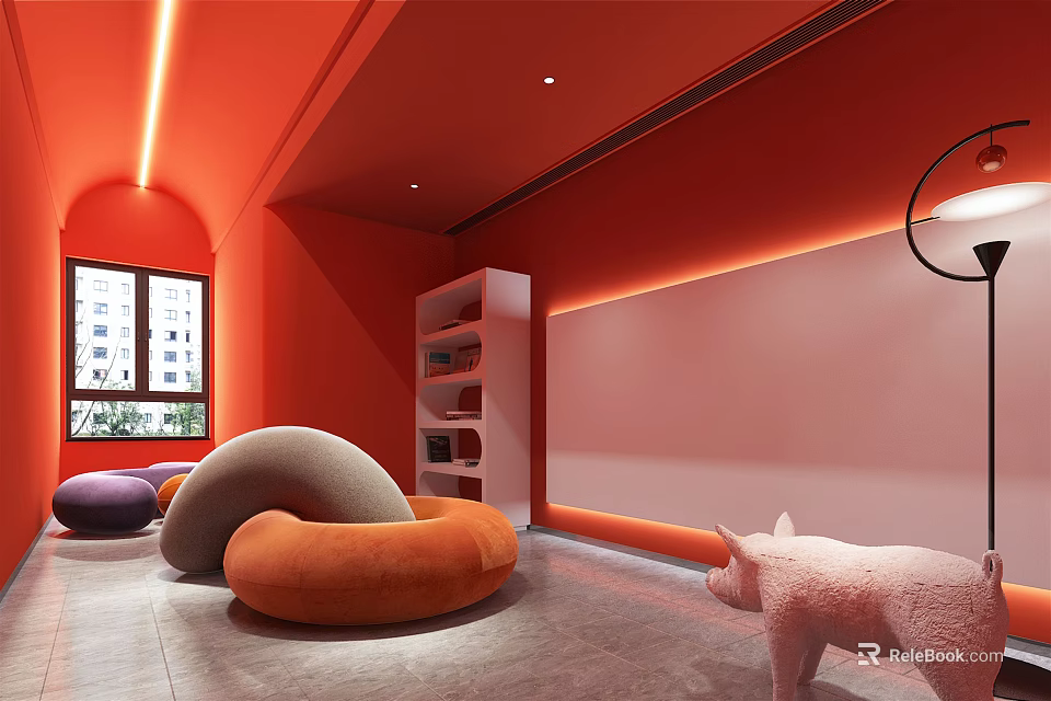Stylish Lounge Area With Red Walls Orange Purple Bean Bags Bookshelf And Plush Toy Pig 3d model 