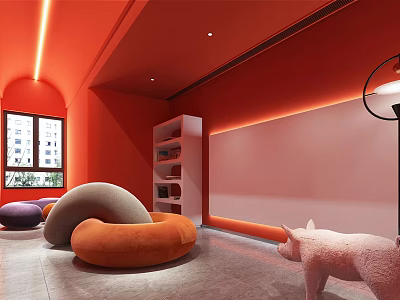 Stylish Lounge Area With Red Walls Orange Purple Bean Bags Bookshelf And Plush Toy Pig 3d model