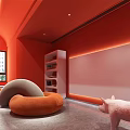 Stylish Lounge Area With Red Walls Orange Purple Bean Bags Bookshelf And Plush Toy Pig
