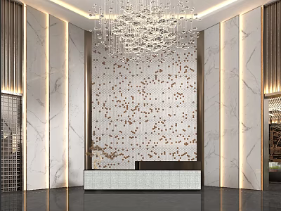 Elegant Reception Desk With Marble Walls Crystal Chandelier And Decorative Panel Design 3d model