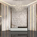 Elegant Reception Desk With Marble Walls Crystal Chandelier And Decorative Panel Design