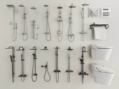 Various Shower Head Styles Including Handheld Overhead And Mounting Parts With Bathroom Toilet 3d model
