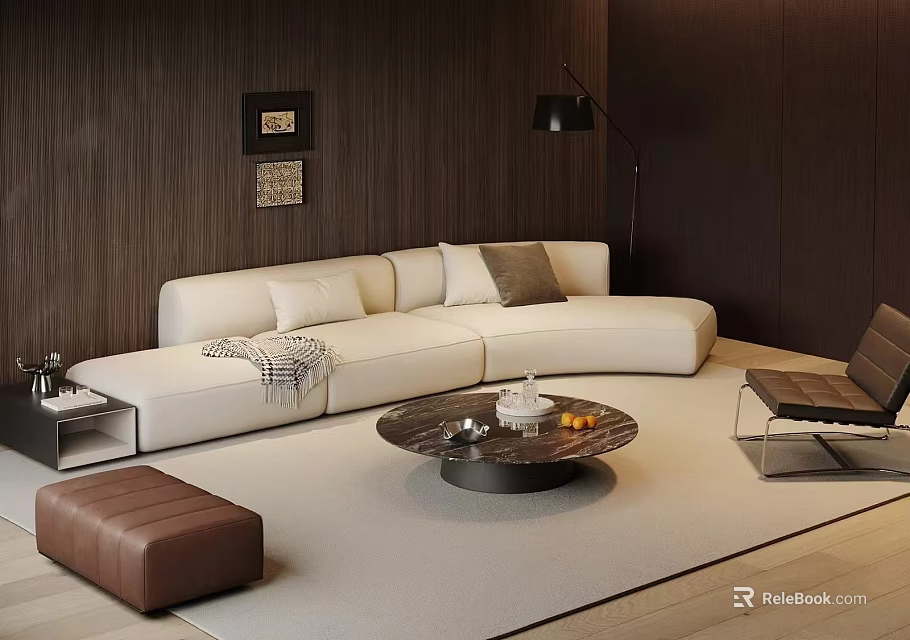 Modern Sofa and Coffee Table Set with White Upholstery and Round Glass Top 3d model 