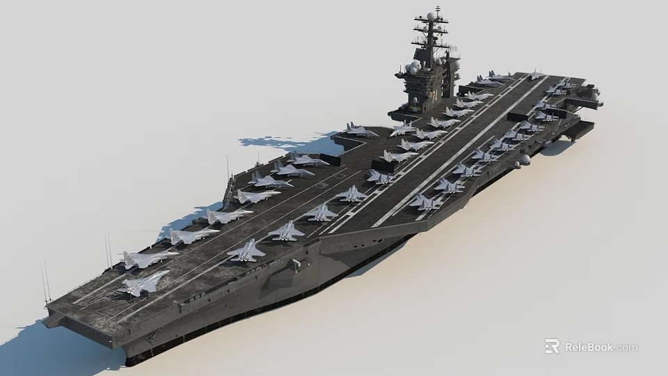 Military Aircraft Carrier Deck With Multiple Fighter Jets Parked On Board 3d model 