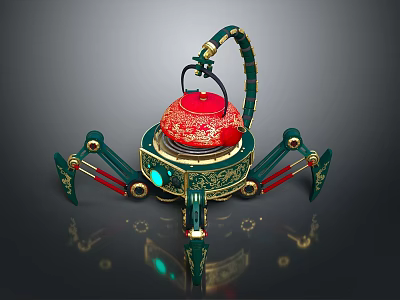 Ornate Mechanical Device With Red Teapot Top Green Structure Mechanical Legs And Golden Decorations 3d model