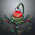 Ornate Mechanical Device With Red Teapot Top Green Structure Mechanical Legs And Golden Decorations
