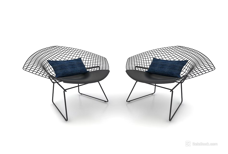 Elegant Leisure Chairs With Wire Mesh Design Black Metal Frame And Navy Blue Cushions 3d model 