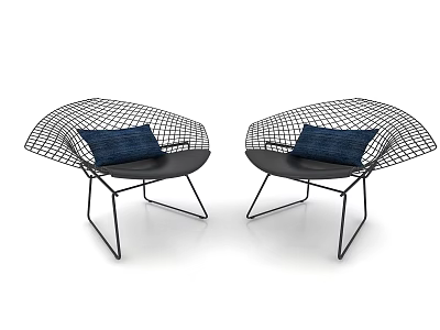 Elegant Leisure Chairs With Wire Mesh Design Black Metal Frame And Navy Blue Cushions 3d model