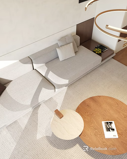 Minimalist Living Room with Light Gray Sofa Pillows Sunlight Round Wooden Coffee Table Rug 3d model 