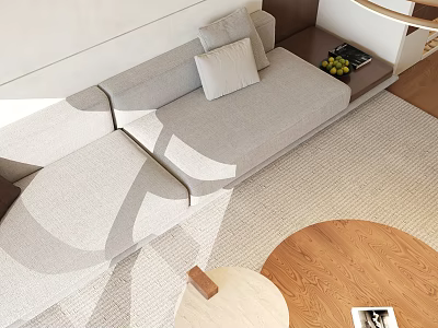 Minimalist Living Room with Light Gray Sofa Pillows Sunlight Round Wooden Coffee Table Rug 3d model