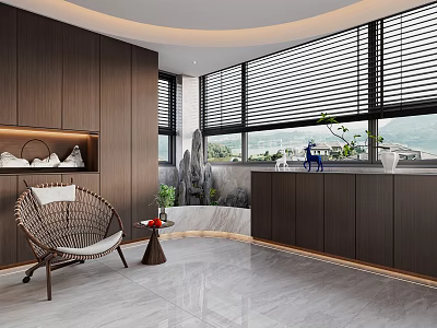 Modern Foyer Hallway Interior With Dark Wood Cabinets Rattan Chair Round Table And Plants 3d model