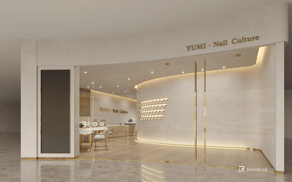Modern Nail Salon Interior Design With Product Display Wall And Elegant Lighting 3d model