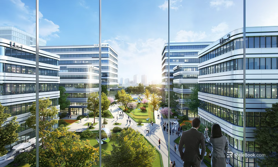 Modern Office Building Complex Featuring Glass Facades Green Courtyard And Pedestrian Walkways 3d model 