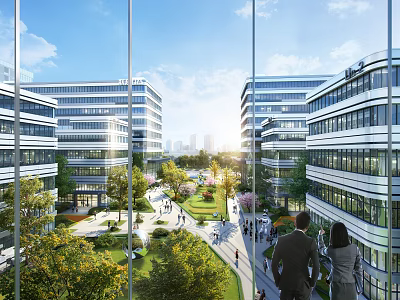 Modern Office Building Complex Featuring Glass Facades Green Courtyard And Pedestrian Walkways 3d model
