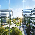Modern Office Building Complex Featuring Glass Facades Green Courtyard And Pedestrian Walkways