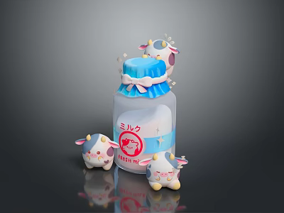 Cute Milk Drink Bottle in Blue with Small Cow Toys and Decorations 3d model