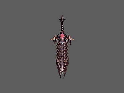 Fantasy Dark Metal Sword With Spiked Crossguard Skeletal Design And Red Gemstone 3d model
