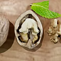 Whole and Shelled Walnuts with Fresh Mint Leaf on Wooden Surface 3d model