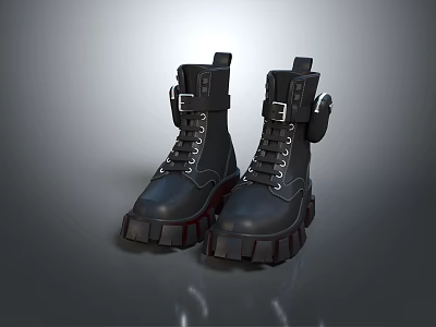 Black Lace Up Boots With Platform Sole And Metal Buckles Fashionable Design 3d model