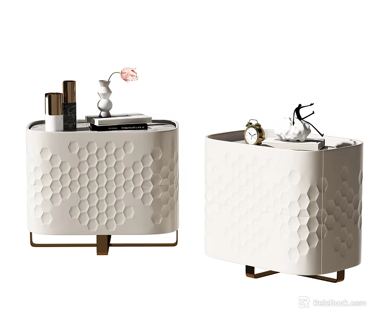 Modern White Honeycomb Patterned Bedside Tables With Cosmetics Pink Flower Alarm Clock And Metal Legs 3d model 