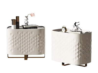 Modern White Honeycomb Patterned Bedside Tables With Cosmetics Pink Flower Alarm Clock And Metal Legs 3d model