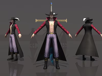 Game Film Character With Wide Brimmed Hat Red Sleeves Black Coat Purple Pants Crossed Sword 3d model