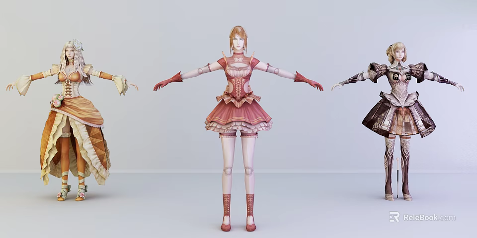 Three Stylish Game and Movie Female Characters with Different Dresses Pink Yellow Brown 3d model 