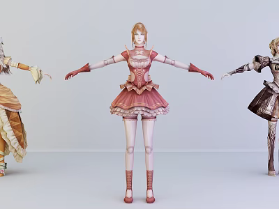 Three Stylish Game and Movie Female Characters with Different Dresses Pink Yellow Brown 3d model