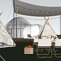 Scenic Outdoor Glamping Campsite With White Tipis Transparent Dome String Lights And Chairs