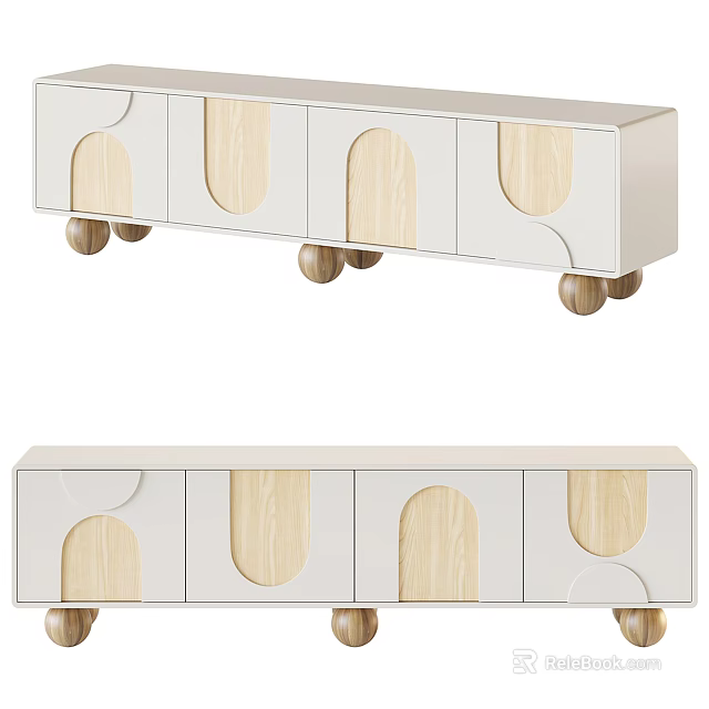 Modern White TV Stand With Rounded Wooden Panel Doors And Rolling Wheels 3d model