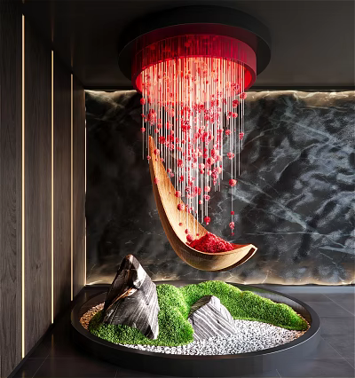 Crescent Shaped Red Beaded Sculpture Carving with Hanging Tassels Dark Marble Background Green Plants 3d model