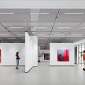Art Exhibition Hall Interior With White Partitions Colorful Artworks On Walls And Visitors Viewing Exhibits
